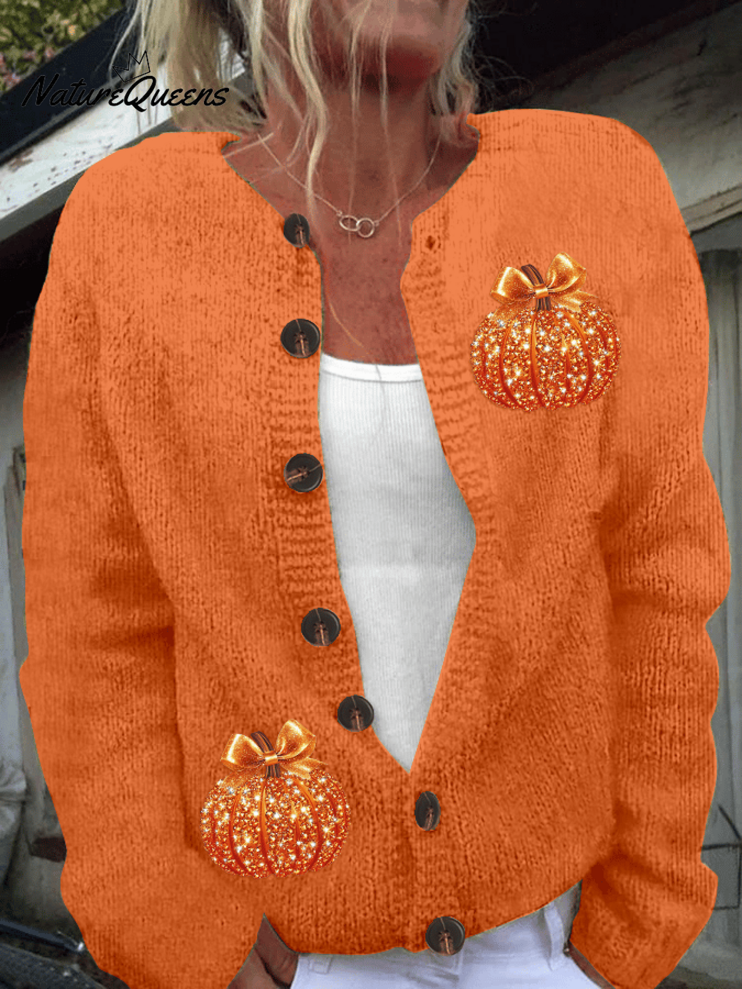 Vintage Shiny Pumpkin Art Print Buttoned Cardigan Sweater