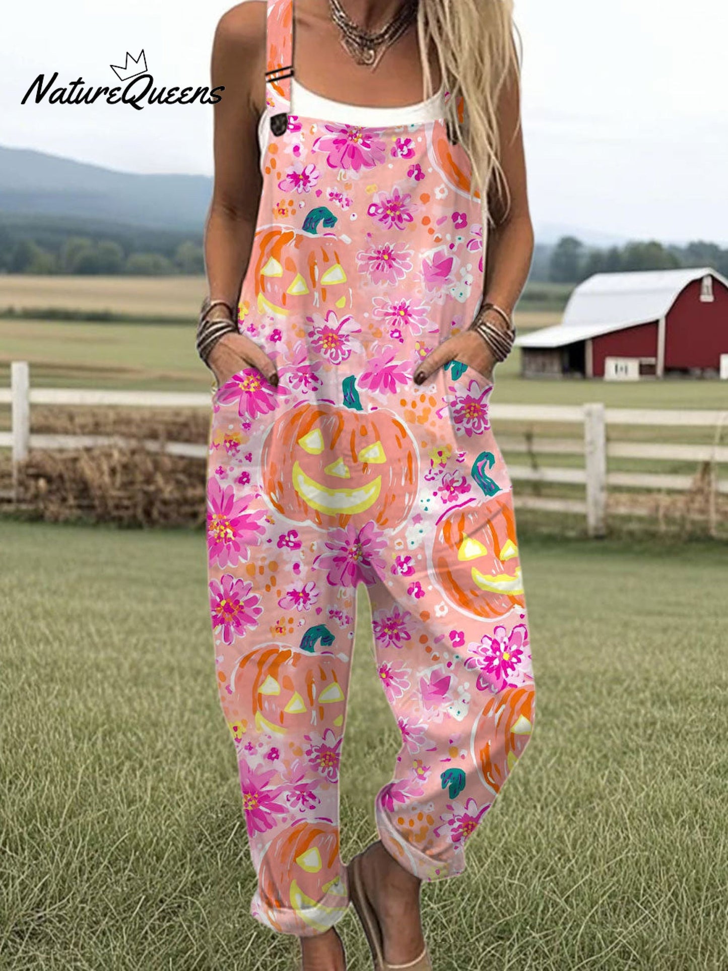Women's Vintage Pumpkin Art Print Casual 100% Cotton Wide Leg Jumpsuit