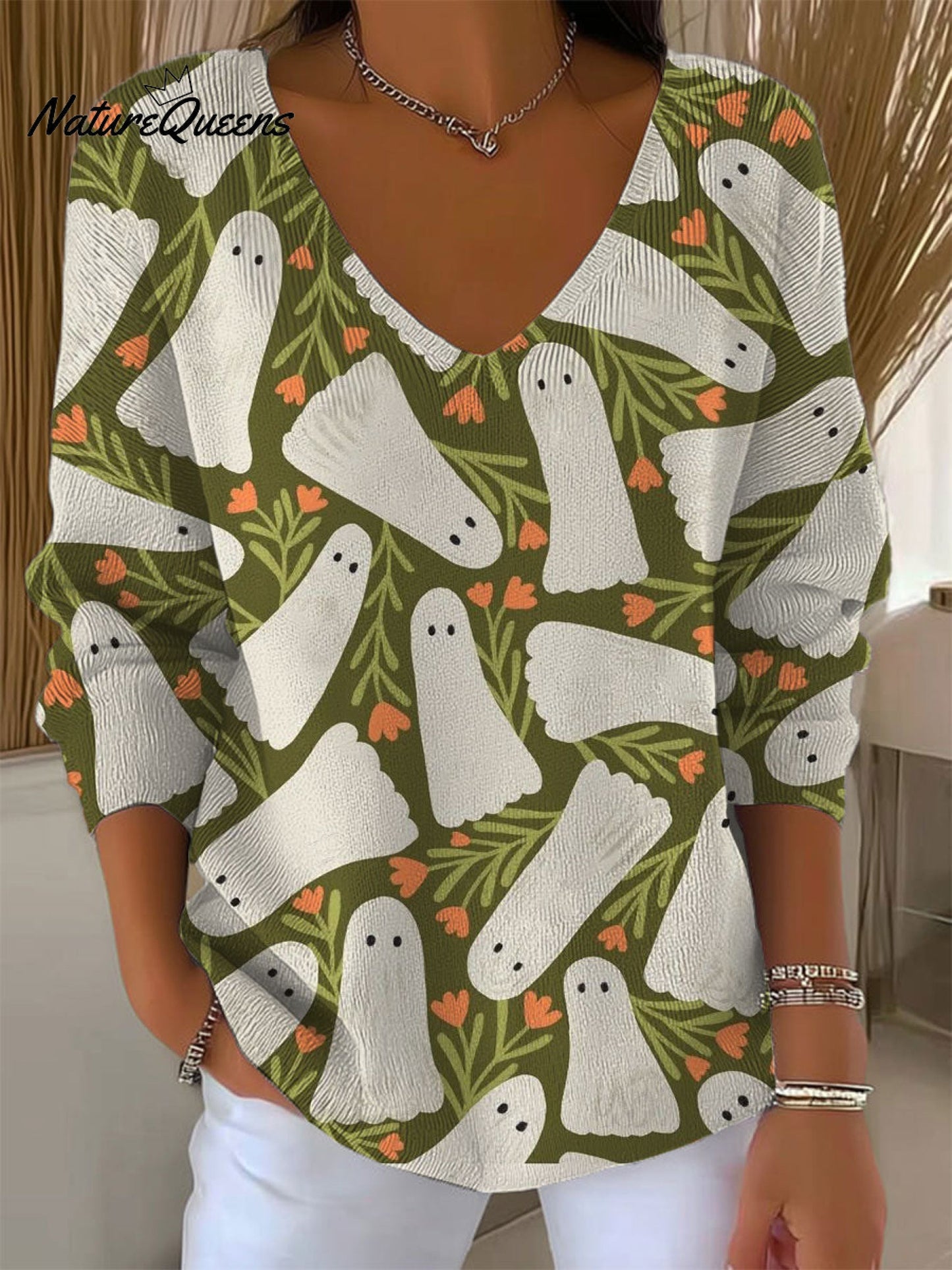Women's Vintage Ghost Flower Art Print Casual Pullover Sweater