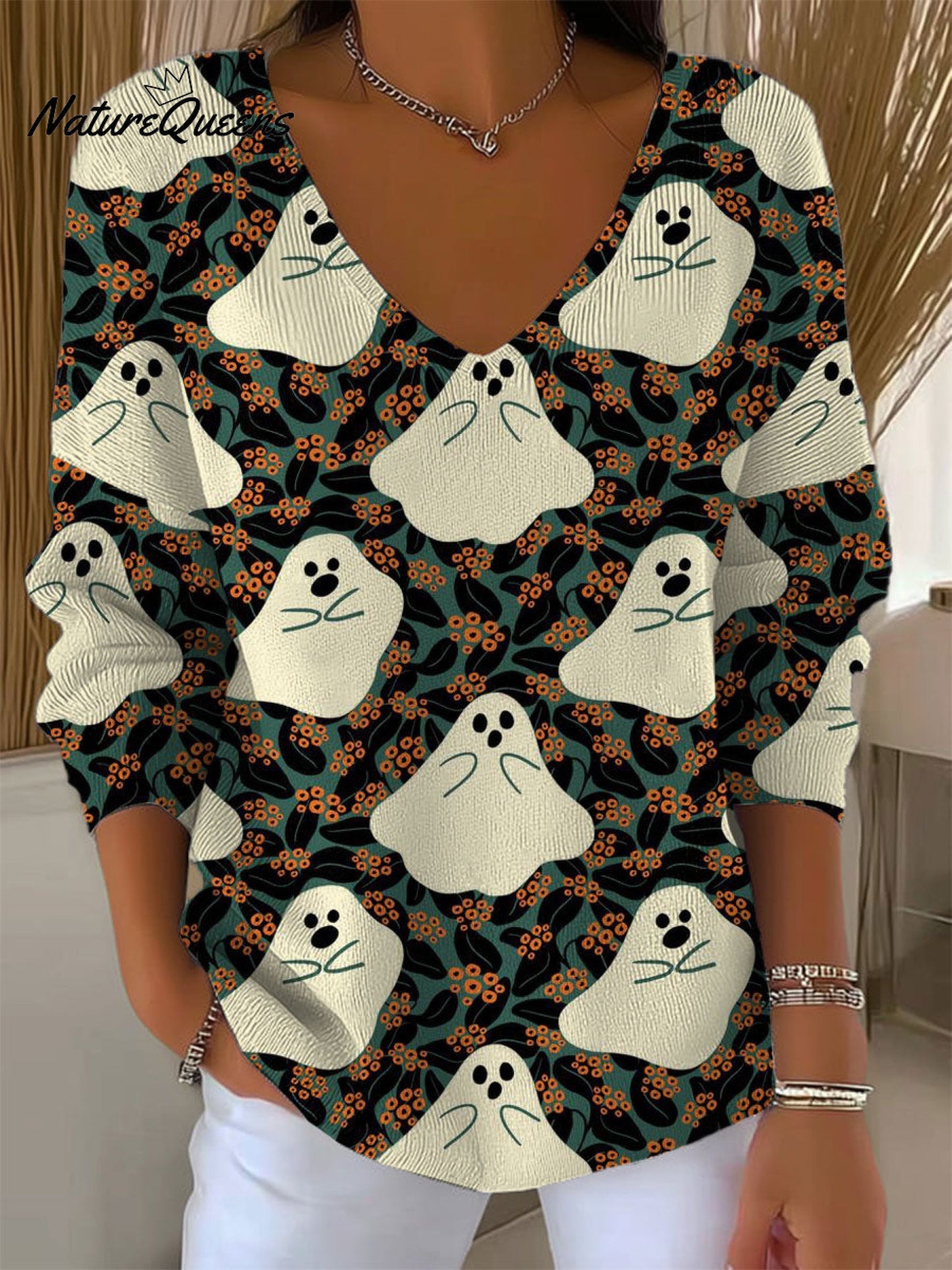 Women's Vintage Ghost Flower Art Print Casual Pullover Sweater