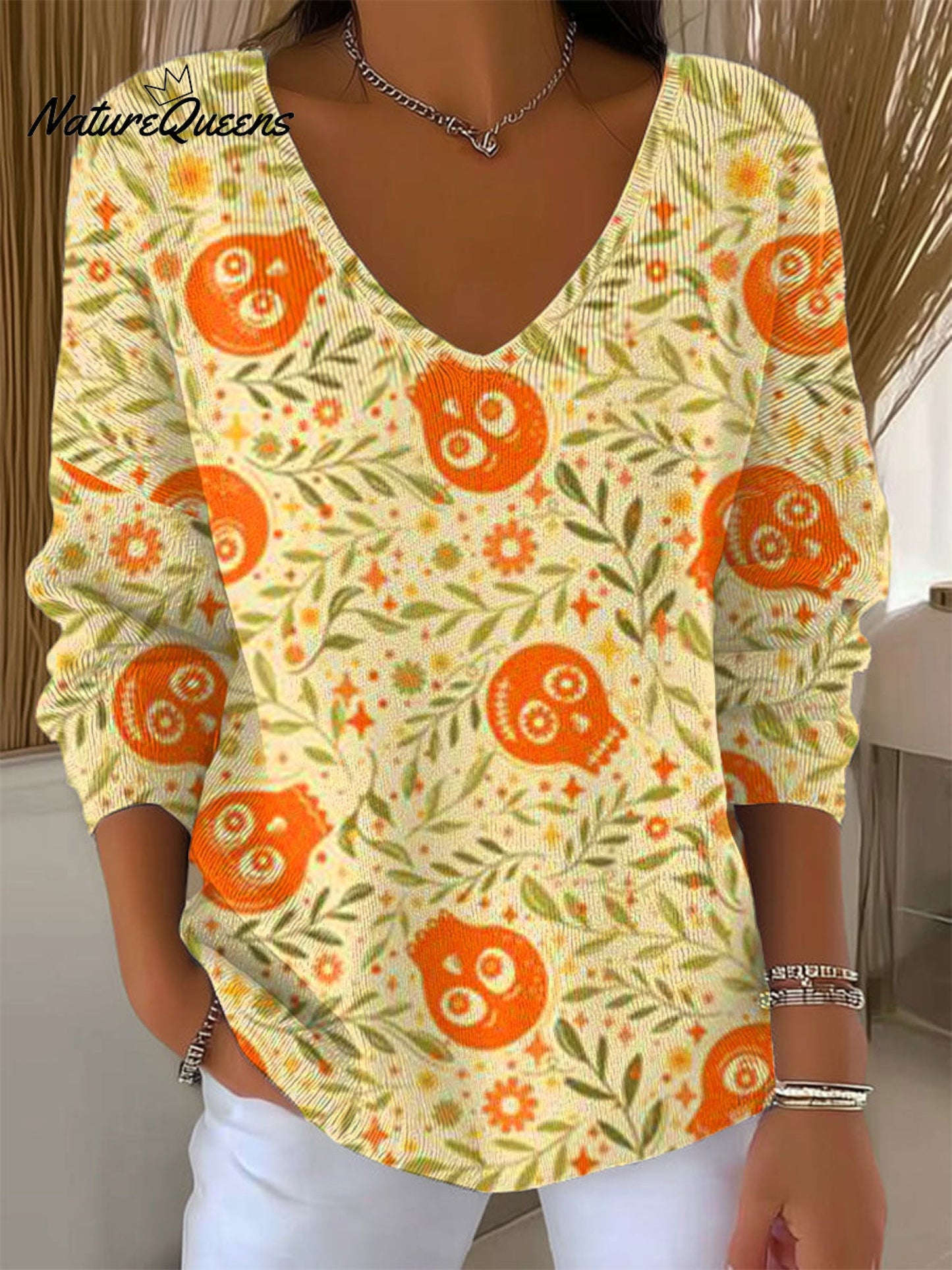 Women's Vintage Halloween Skull Art Print Casual Pullover Sweater