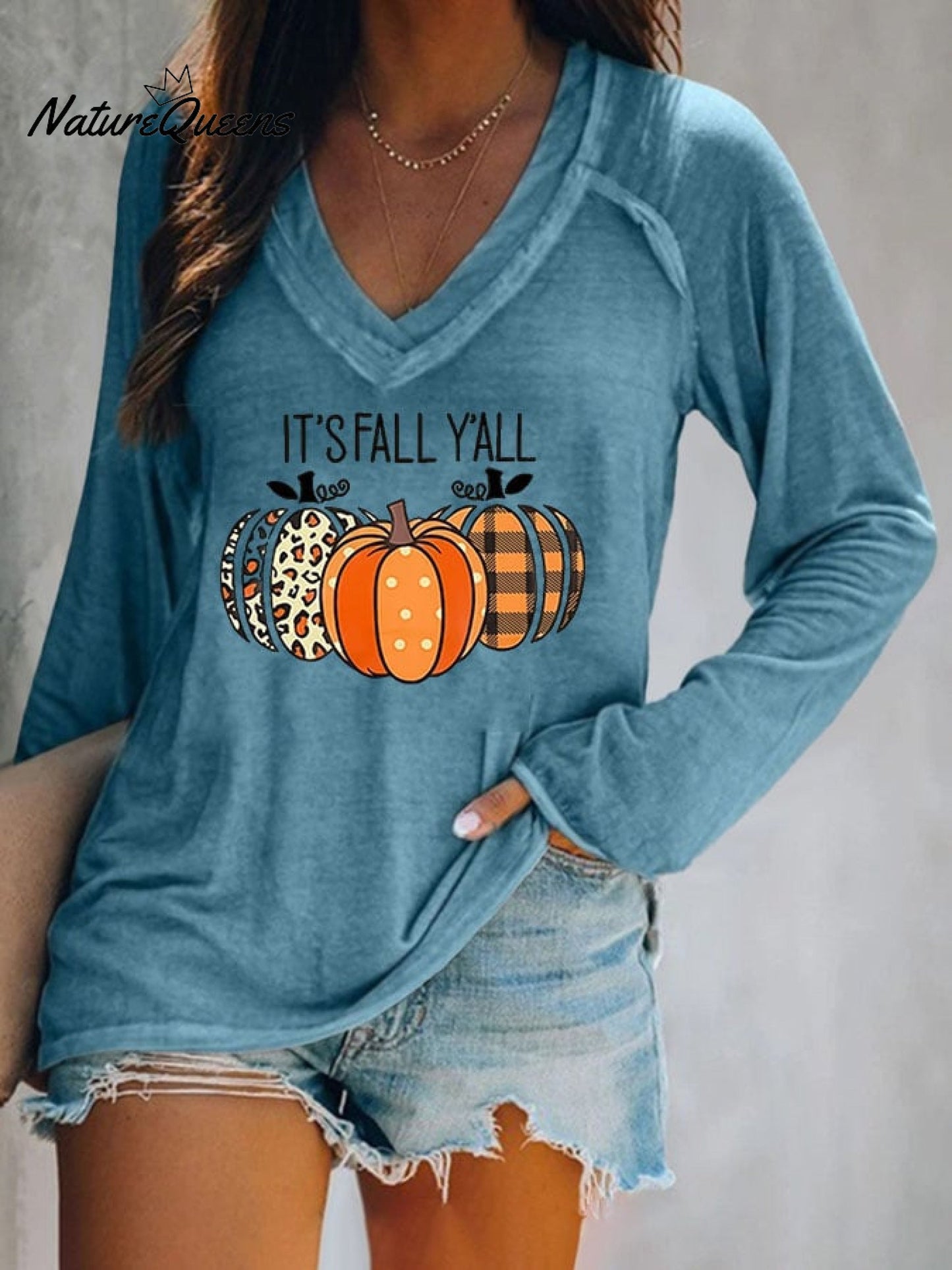 Halloween Bats Print V-neck Long Sleeve Casual T-Shirt