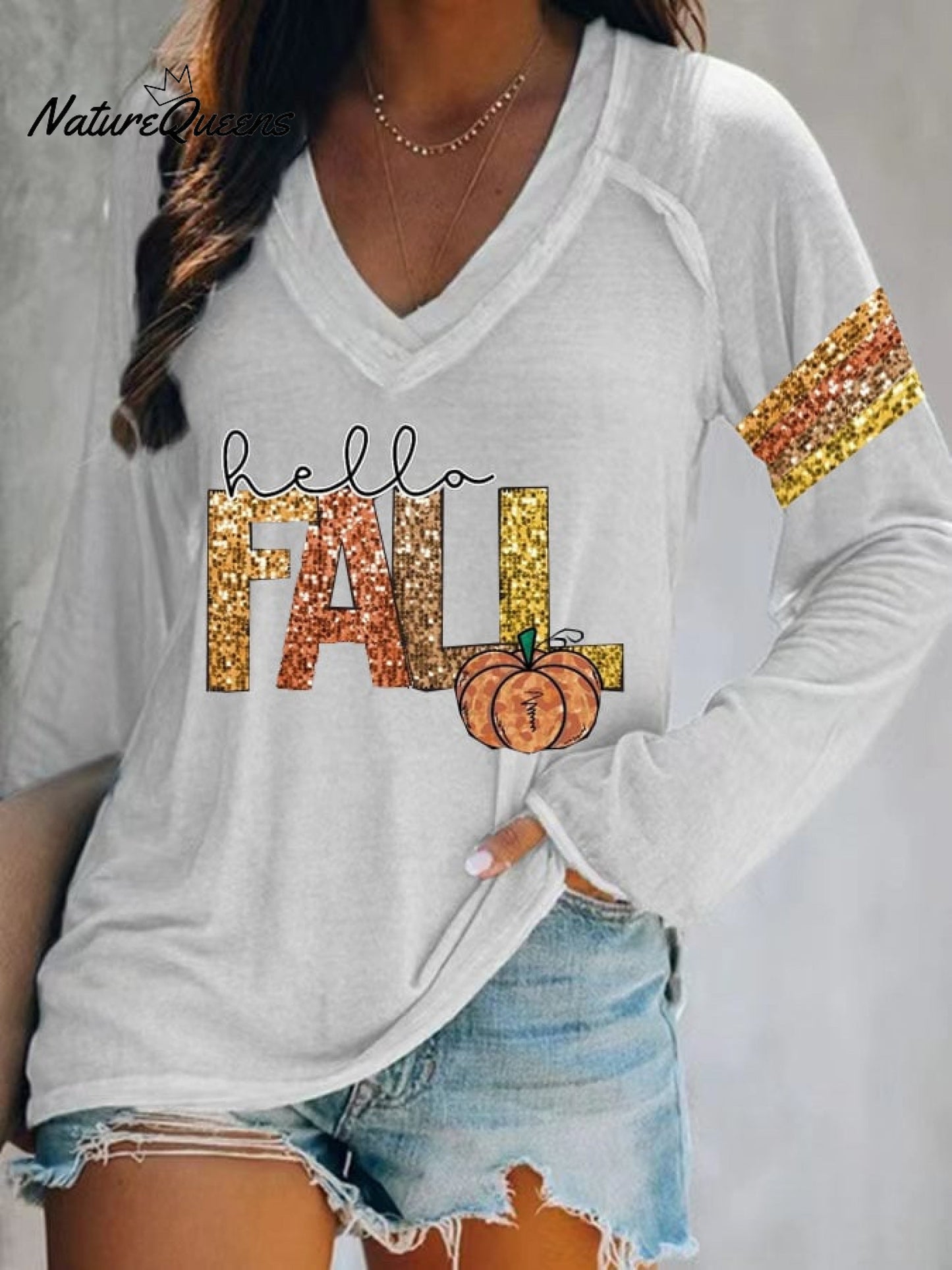 Women's Sequin Pumpkin Autumn Print V-Neck T-Shirt