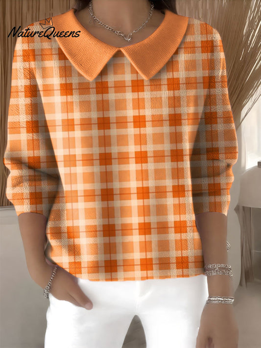 Women's Halloween Plaid Pattern Art Casual Print Peter Pan Collar 3/4 Sleeve Sweater
