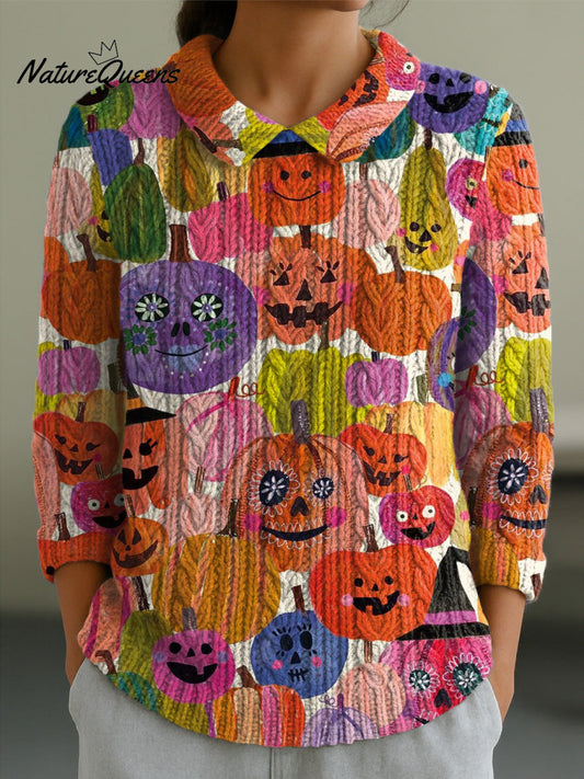 Women's Casual Peter Pan Collar Halloween Colorful Pumpkins Pattern 3/4 Sleeve Sweater
