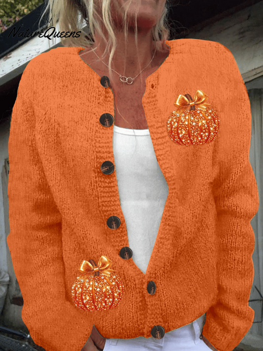Vintage Shiny Pumpkin Art Print Buttoned Cardigan Sweater