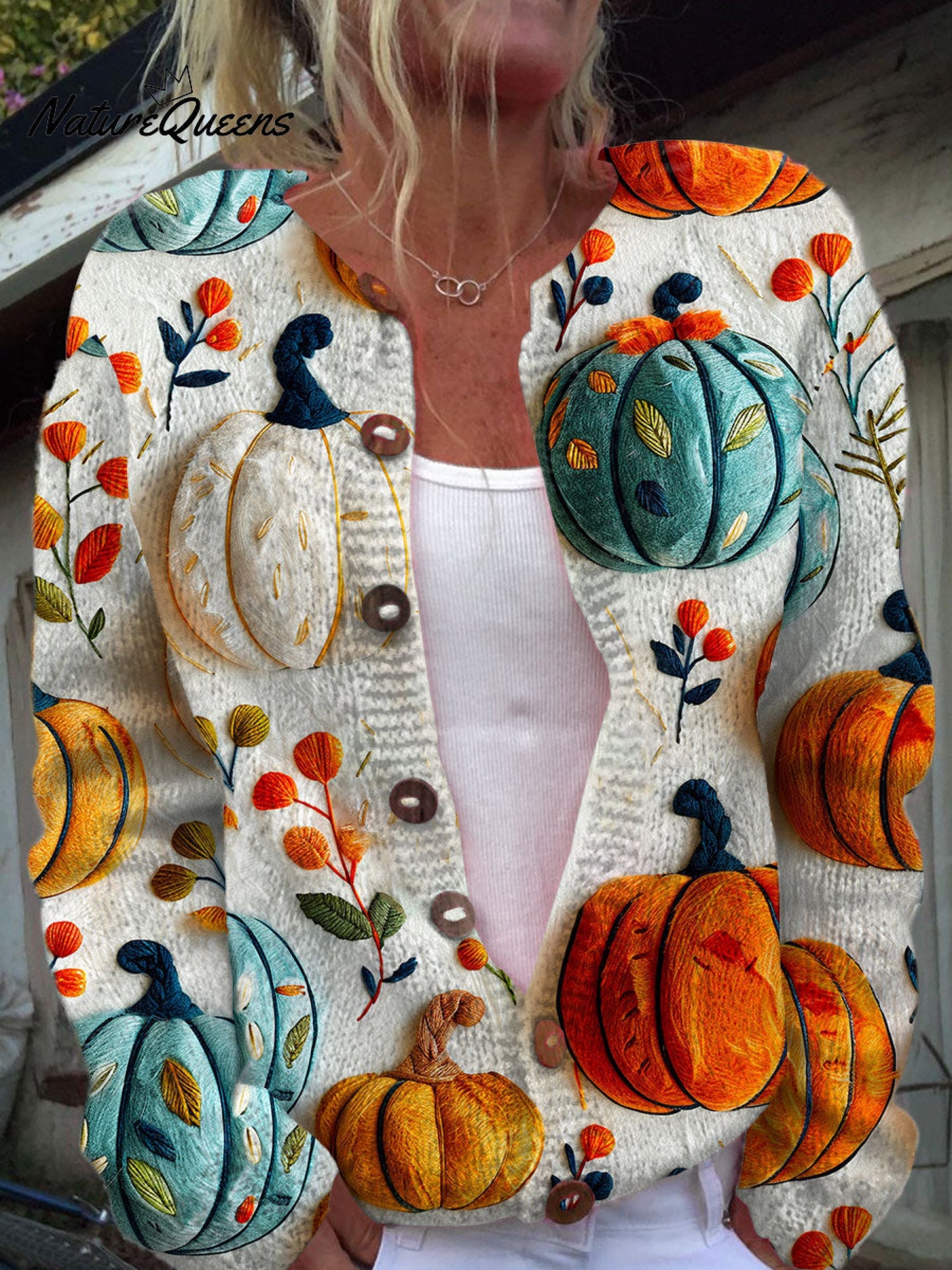 Vintage  Pumpkin Art Print Buttoned Cardigan Sweater