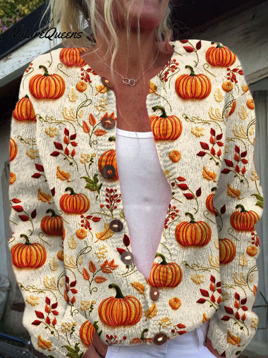 Vintage  Pumpkin Art Print Buttoned Cardigan Sweater