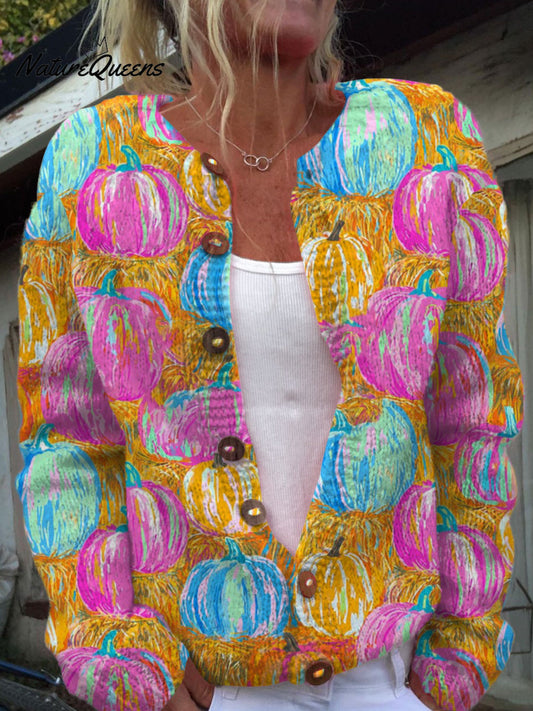 Vintage  Pumpkin Art Print Buttoned Cardigan Sweater