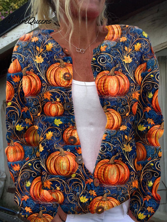 Vintage  Pumpkin Art Print Buttoned Cardigan Sweater