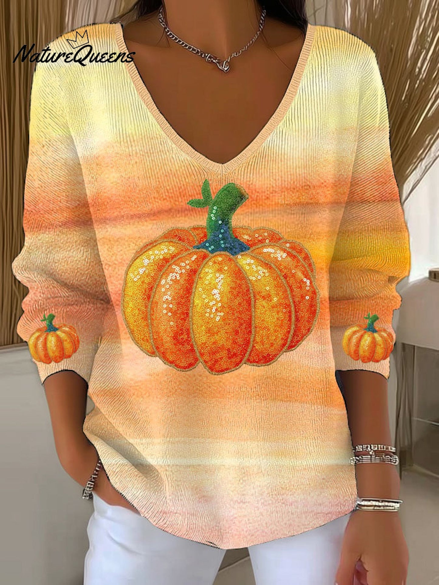 Women's Vintage Pumpkin Art Print Casual Pullover Sweater