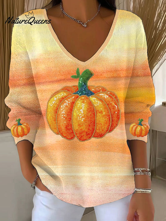 Women's Vintage Pumpkin Art Print Casual Pullover Sweater