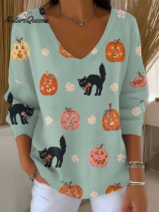 Women's Vintage  Halloween  Cat  Art Print Casual Pullover Sweater