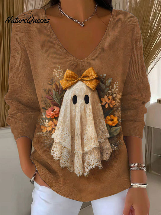 Women's  Vintage Ghost Art Print Casual Pullover Sweater