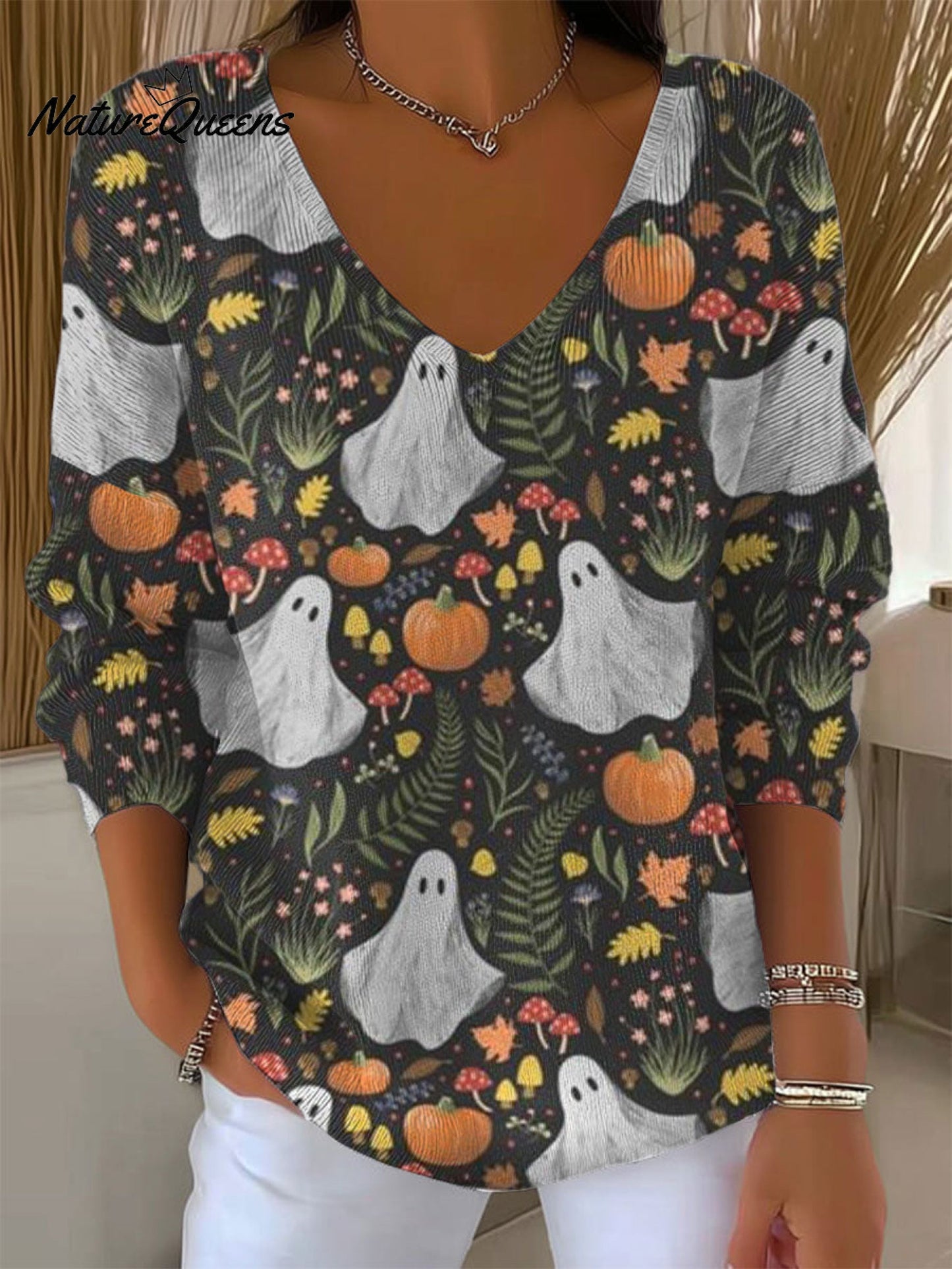 Women's  Vintage Ghost Art Print Casual Pullover Sweater