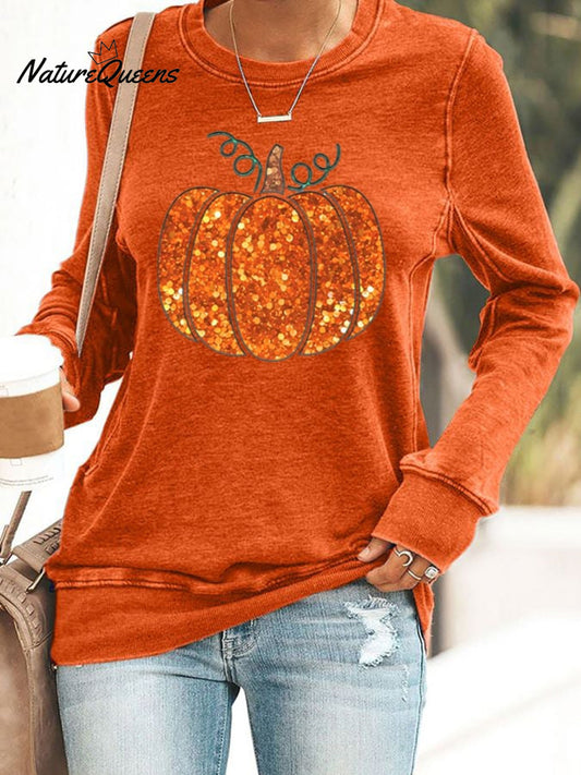 Women's Fall Sequin Pumpkin Print Sweatshirt