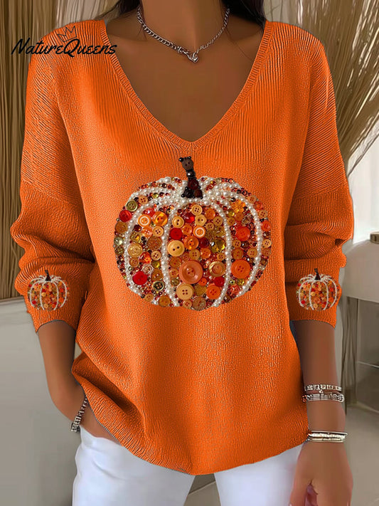 Women's  Pumpkin Print Casual Striped Fabric Long Sleeve T-shirt