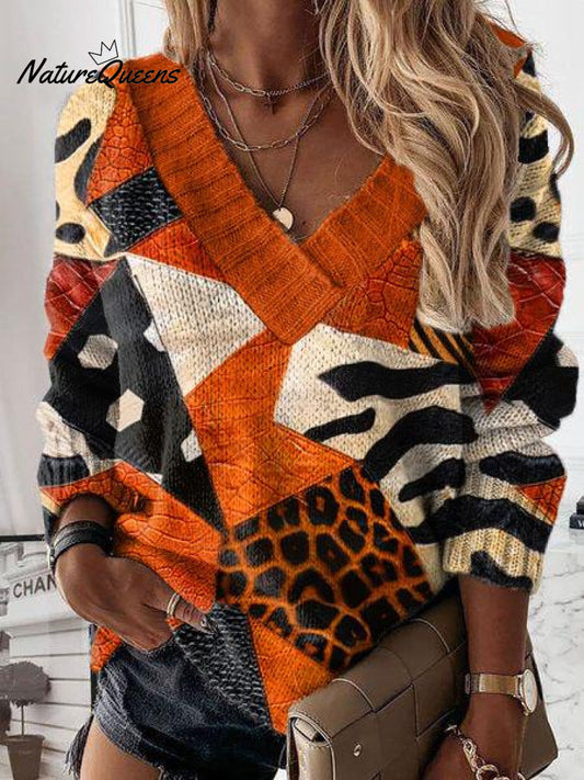 Halloween Color Block Art Print Knit V-neck Pullover Sweater